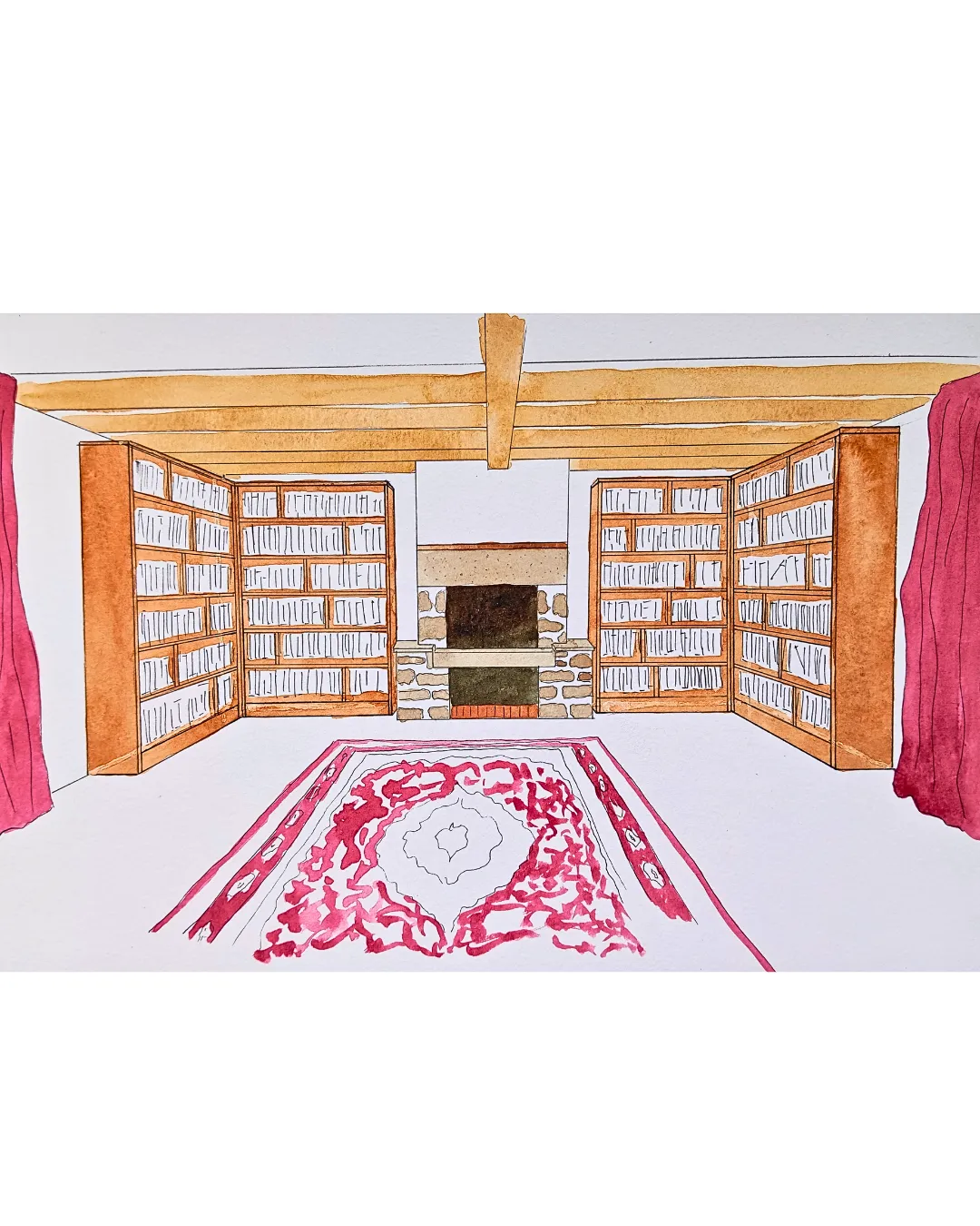 Croquis aquarellé d'un projet d'agencement : bibliothèques encadrant une cheminée