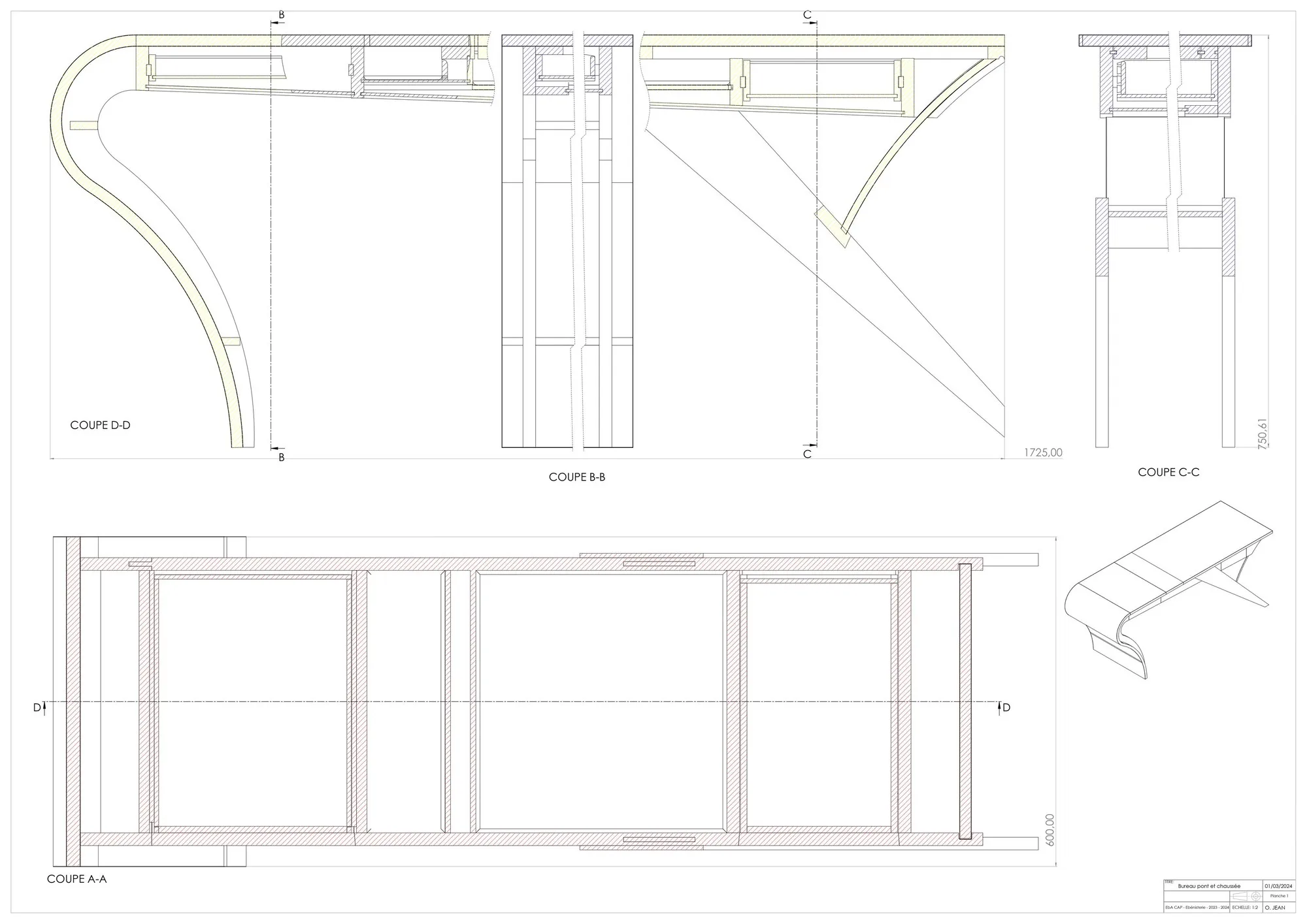 Plan technique de fabrication d'un bureau, dessiné par Océane Jean